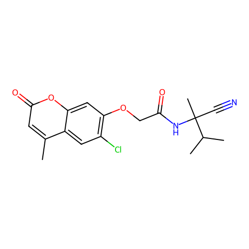 2-[(6-chloro-4-methyl-2-oxo-2H-chromen-7-yl)oxy]-N-(1-cyano-1,2-dimethylpropyl)acetamide structure