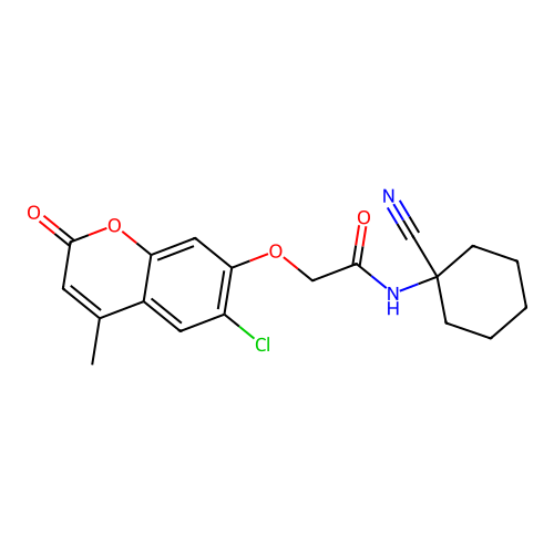 2-[(6-chloro-4-methyl-2-oxo-2H-chromen-7-yl)oxy]-N-(1-cyanocyclohexyl)acetamide structure