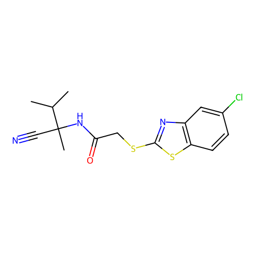 2-[(5-chloro-1,3-benzothiazol-2-yl)sulfanyl]-N-(2-cyano-3-methylbutan-2-yl)acetamide structure