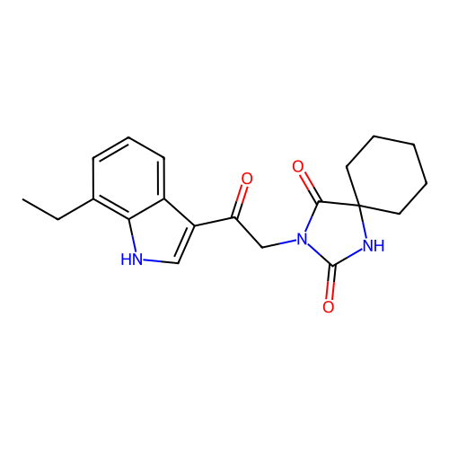 3-[2-(7-ethyl-1H-indol-3-yl)-2-oxoethyl]-1,3-diazaspiro[4.5]decane-2,4-dione structure