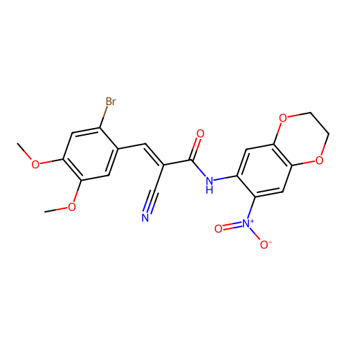 (E)-3-(2-bromo-4,5-dimethoxyphenyl)-2-cyano-N-(6-nitro-2,3-dihydro-1,4-benzodioxin-7-yl)prop-2-enamide structure