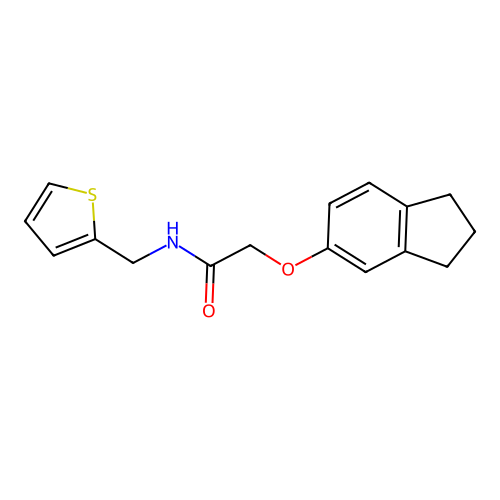 2-(2,3-dihydro-1H-inden-5-yloxy)-N-(thiophen-2-ylmethyl)acetamide structure