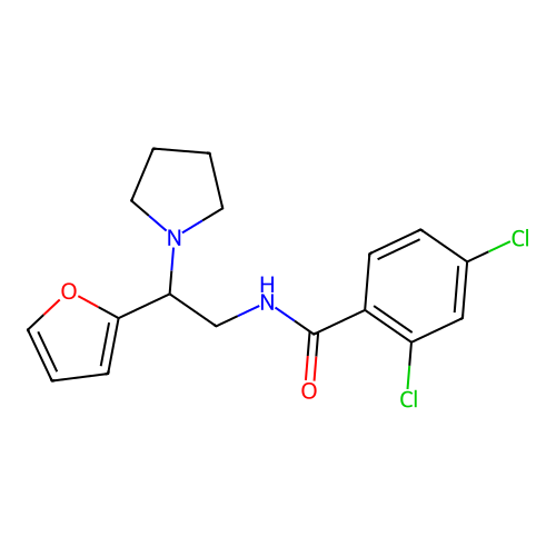 2,4-dichloro-N-[2-(furan-2-yl)-2-(pyrrolidin-1-yl)ethyl]benzamide structure