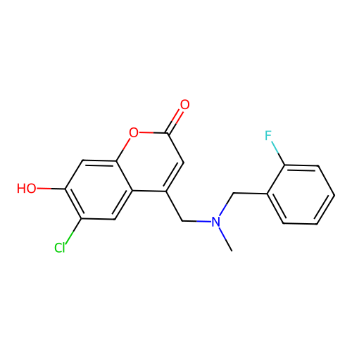 6-chloro-4-[[(2-fluorophenyl)methyl-methylamino]methyl]-7-hydroxychromen-2-one structure