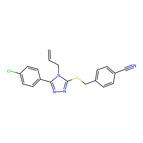 4-(((4-allyl-5-(4-chlorophenyl)-4H-1,2,4-triazol-3-yl)thio)methyl)benzonitrile structure