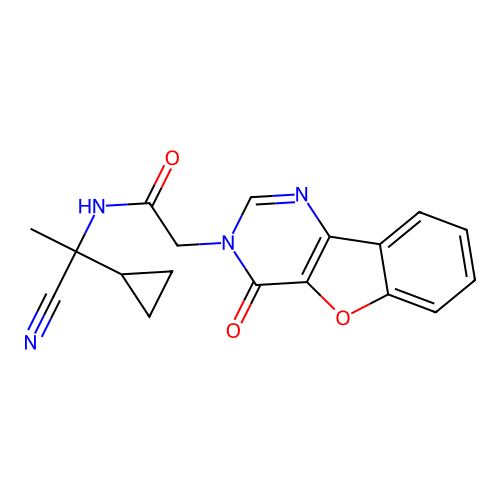 N-(1-cyano-1-cyclopropylethyl)-2-(4-oxo-[1]benzofuro[3,2-d]pyrimidin-3-yl)acetamide structure