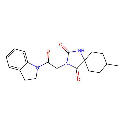3-[2-(2,3-dihydro-1H-indol-1-yl)-2-oxoethyl]-8-methyl-1,3-diazaspiro[4.5]decane-2,4-dione structure