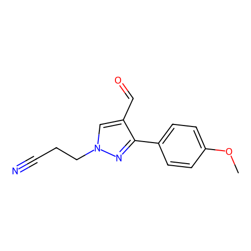 3-[4-formyl-3-(4-methoxyphenyl)-1H-pyrazol-1-yl]propanenitrile structure