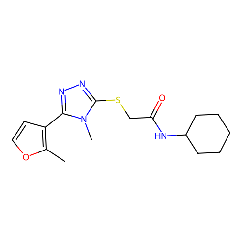 N-cyclohexyl-2-[[4-methyl-5-(2-methylfuran-3-yl)-1,2,4-triazol-3-yl]sulfanyl]acetamide structure