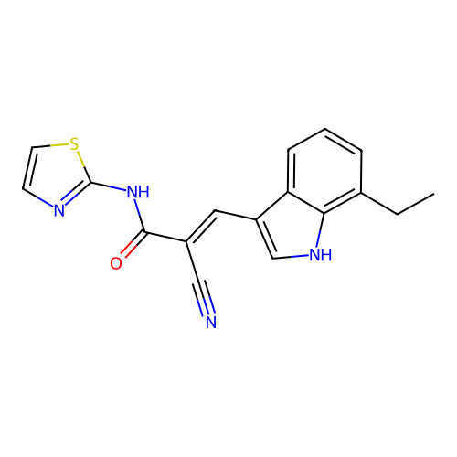 2-cyano-3-(7-ethyl-1H-indol-3-yl)-N-(1,3-thiazol-2-yl)prop-2-enamide structure