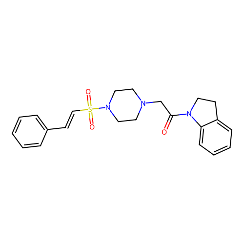 1-(2,3-dihydroindol-1-yl)-2-[4-[(E)-2-phenylethenyl]sulfonylpiperazin-1-yl]ethanone structure