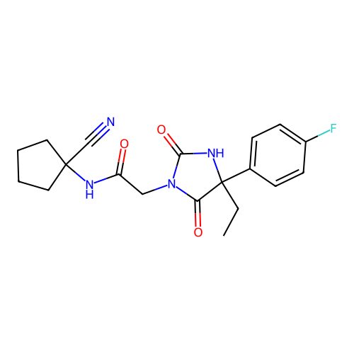 N-(1-cyanocyclopentyl)-2-[4-ethyl-4-(4-fluorophenyl)-2,5-dioxoimidazolidin-1-yl]acetamide structure
