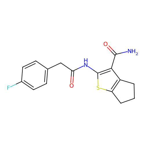 2-[2-(4-fluorophenyl)acetamido]-4H,5H,6H-cyclopenta[b]thiophene-3-carboxamide structure
