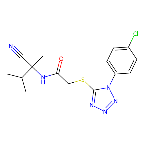 2-[1-(4-chlorophenyl)tetrazol-5-yl]sulfanyl-N-(2-cyano-3-methylbutan-2-yl)acetamide structure