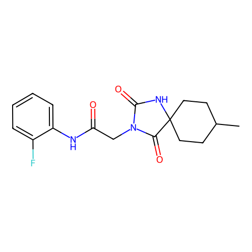 N-(2-fluorophenyl)-2-(8-methyl-2,4-dioxo-1,3-diazaspiro[4.5]decan-3-yl)acetamide structure