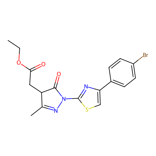 ethyl 2-[1-[4-(4-bromophenyl)-1,3-thiazol-2-yl]-3-methyl-5-oxo-4H-pyrazol-4-yl]acetate structure