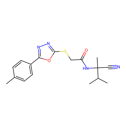 N-(2-cyano-3-methylbutan-2-yl)-2-[[5-(4-methylphenyl)-1,3,4-oxadiazol-2-yl]sulfanyl]acetamide structure