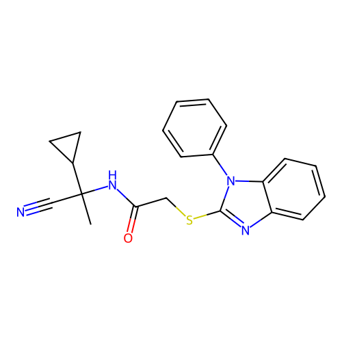 N-(1-cyano-1-cyclopropyl-ethyl)-2-(1-phenylbenzoimidazol-2-yl)sulfanyl-acetamide structure