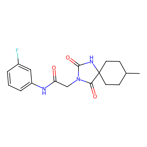 N-(3-fluorophenyl)-2-(8-methyl-2,4-dioxo-1,3-diazaspiro[4.5]dec-3-yl)acetamide structure
