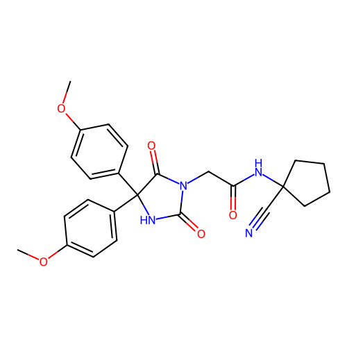 2-[4,4-bis(4-methoxyphenyl)-2,5-dioxoimidazolidin-1-yl]-N-(1-cyanocyclopentyl)acetamide structure