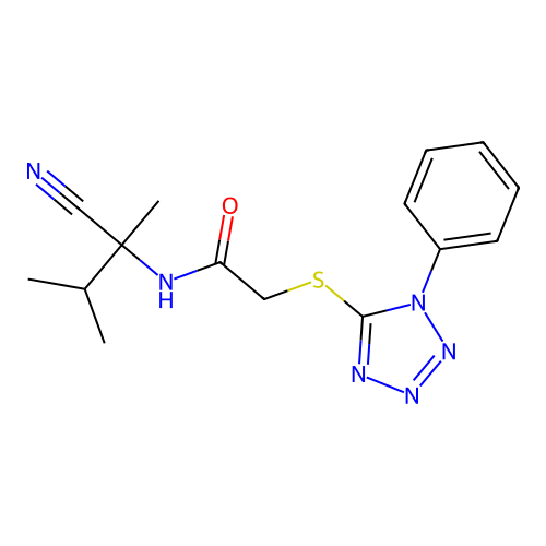N-(2-cyano-3-methylbutan-2-yl)-2-(1-phenyltetrazol-5-yl)sulfanylacetamide structure