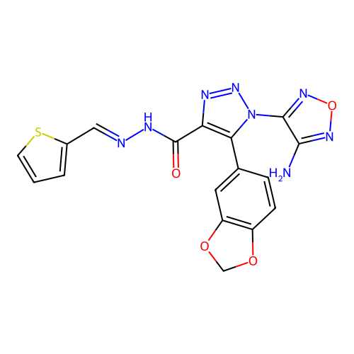 (E)-1-(4-amino-1,2,5-oxadiazol-3-yl)-5-(benzo[d][1,3]dioxol-5-yl)-N'-(thiophen-2-ylmethylene)-1H-1,2,3-triazole-4-carbohydrazide structure