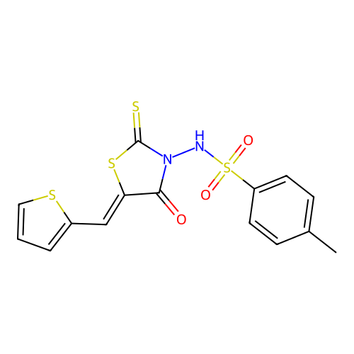 4-methyl-N-[(5Z)-4-oxo-2-sulfanylidene-5-(thiophen-2-ylmethylidene)-1,3-thiazolidin-3-yl]benzenesulfonamide structure