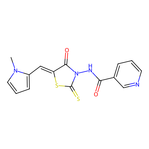 (Z)-N-(5-((1-methyl-1H-pyrrol-2-yl)methylene)-4-oxo-2-thioxothiazolidin-3-yl)nicotinamide structure