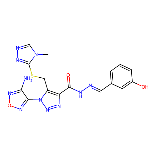 (E)-1-(4-amino-1,2,5-oxadiazol-3-yl)-N'-(3-hydroxybenzylidene)-5-(((4-methyl-4H-1,2,4-triazol-3-yl)thio)methyl)-1H-1,2,3-triazole-4-carbohydrazide structure