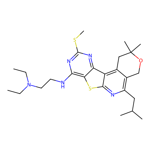 N'-[2,2-dimethyl-5-(2-methylpropyl)-10-(methylsulfanyl)-1,4-dihydro-2H-pyrano[4'',3'':4',5']pyrido[3',2':4,5]thieno[3,2-d]pyrimidin-8-yl]-N,N-diethylethane-1,2-diamine structure