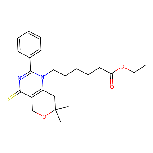 ethyl 6-(7,7-dimethyl-2-phenyl-4-sulfanylidene-5,8-dihydropyrano[4,3-d]pyrimidin-1-yl)hexanoate structure