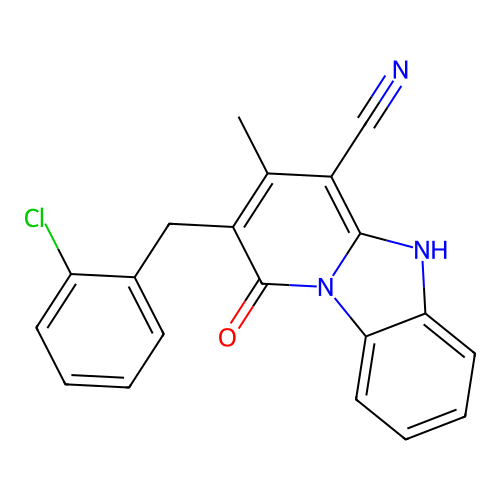 2-[(2-chlorophenyl)methyl]-3-methyl-1-oxo-5H-pyrido[1,2-a]benzimidazole-4-carbonitrile structure