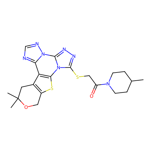 2-((12,12-dimethyl-12,13-dihydro-10H-pyrano[4',3':4,5]thieno[3,2-e]bis([1,2,4]triazolo)[4,3-a:1',5'-c]pyrimidin-7-yl)thio)-1-(4-methylpiperidin-1-yl)ethanone structure