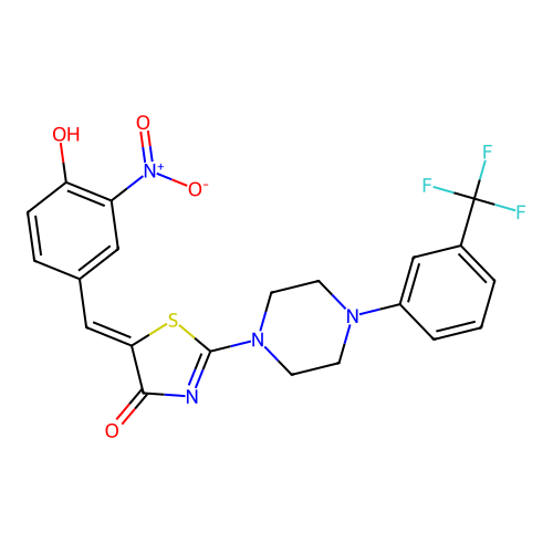 (Z)-5-(4-hydroxy-3-nitrobenzylidene)-2-(4-(3-(trifluoromethyl)phenyl)piperazin-1-yl)thiazol-4(5H)-one structure