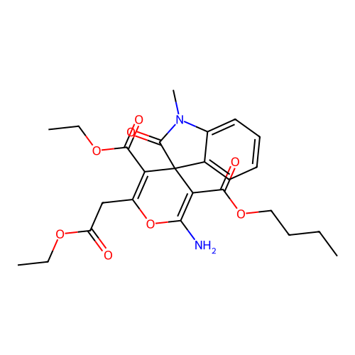 3'-butyl 5'-ethyl 2'-amino-6'-(2-ethoxy-2-oxoethyl)-1-methyl-2-oxo-1,2-dihydrospiro[indole-3,4'-pyran]-3',5'-dicarboxylate structure
