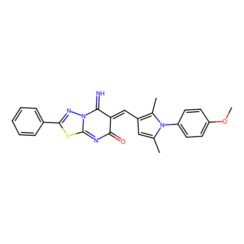(6Z)-5-imino-6-[[1-(4-methoxyphenyl)-2,5-dimethylpyrrol-3-yl]methylidene]-2-phenyl-[1,3,4]thiadiazolo[3,2-a]pyrimidin-7-one structure