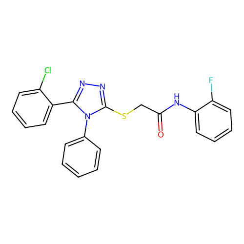 2-[[5-(2-chlorophenyl)-4-phenyl-1,2,4-triazol-3-yl]sulfanyl]-N-(2-fluorophenyl)acetamide structure