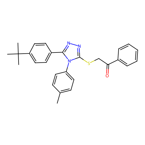 2-((5-(4-(tert-butyl)phenyl)-4-(p-tolyl)-4H-1,2,4-triazol-3-yl)thio)-1-phenylethanone structure