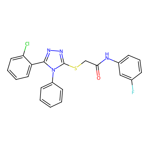 2-[[5-(2-chlorophenyl)-4-phenyl-1,2,4-triazol-3-yl]sulfanyl]-N-(3-fluorophenyl)acetamide structure