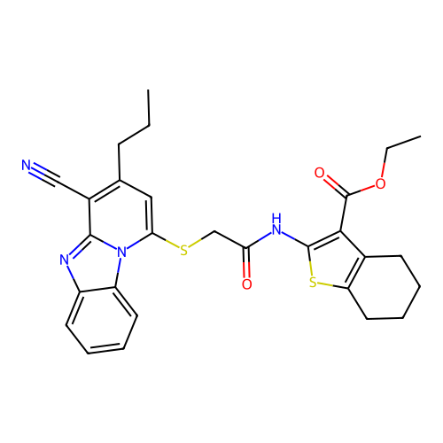 ethyl 2-({[(4-cyano-3-propylpyrido[1,2-a]benzimidazol-1-yl)sulfanyl]acetyl}amino)-4,5,6,7-tetrahydro-1-benzothiophene-3-carboxylate structure