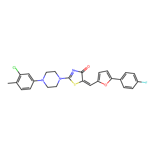 (5E)-2-[4-(3-chloro-4-methylphenyl)piperazin-1-yl]-5-[[5-(4-fluorophenyl)furan-2-yl]methylidene]-1,3-thiazol-4-one structure