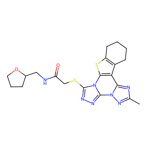 2-((2-methyl-10,11,12,13-tetrahydrobenzo[4,5]thieno[3,2-e]bis([1,2,4]triazolo)[4,3-a:1',5'-c]pyrimidin-7-yl)thio)-N-((tetrahydrofuran-2-yl)methyl)acetamide structure