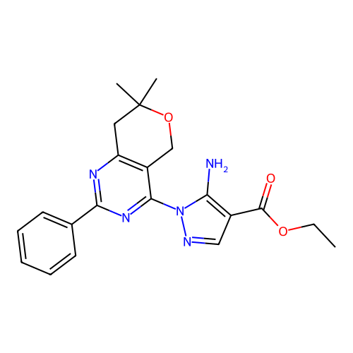 ethyl 5-amino-1-(7,7-dimethyl-2-phenyl-7,8-dihydro-5H-pyrano[4,3-d]pyrimidin-4-yl)-1H-pyrazole-4-carboxylate structure