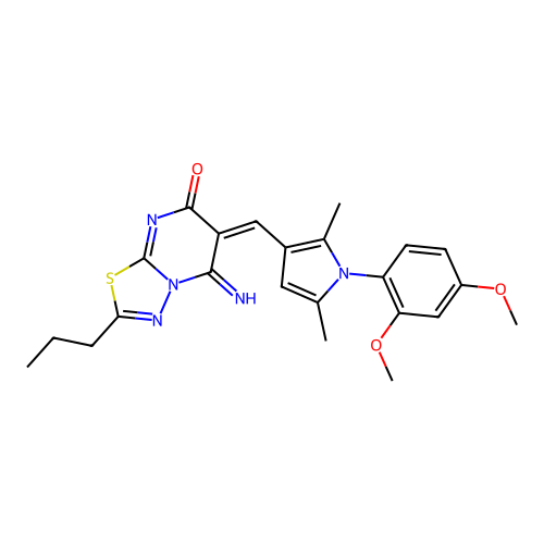(6E)-6-[[1-(2,4-dimethoxyphenyl)-2,5-dimethylpyrrol-3-yl]methylidene]-5-imino-2-propyl-[1,3,4]thiadiazolo[3,2-a]pyrimidin-7-one structure
