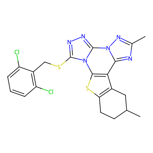 7-((2,6-dichlorobenzyl)thio)-2,12-dimethyl-10,11,12,13-tetrahydrobenzo[4,5]thieno[3,2-e]bis([1,2,4]triazolo)[4,3-a:1',5'-c]pyrimidine structure