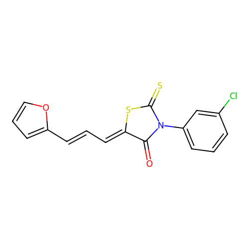(Z)-3-(3-chlorophenyl)-5-((E)-3-(furan-2-yl)allylidene)-2-thioxothiazolidin-4-one structure