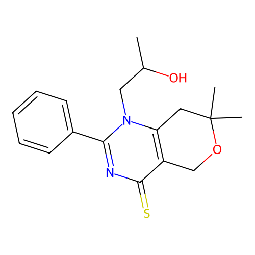 1-(2-hydroxypropyl)-7,7-dimethyl-2-phenyl-5,8-dihydropyrano[4,3-d]pyrimidine-4-thione structure