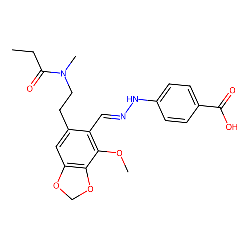 4-{(2E)-2-[(4-methoxy-6-{2-[methyl(propanoyl)amino]ethyl}-1,3-benzodioxol-5-yl)methylidene]hydrazinyl}benzoic acid structure