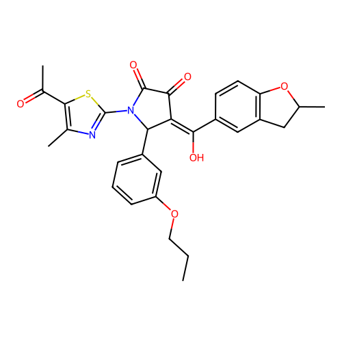 (4E)-1-(5-acetyl-4-methyl-1,3-thiazol-2-yl)-4-[hydroxy(2-methyl-2,3-dihydro-1-benzofuran-5-yl)methylidene]-5-(3-propoxyphenyl)pyrrolidine-2,3-dione structure