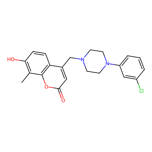 4-((4-(3-chlorophenyl)piperazin-1-yl)methyl)-7-hydroxy-8-methyl-2H-chromen-2-one structure